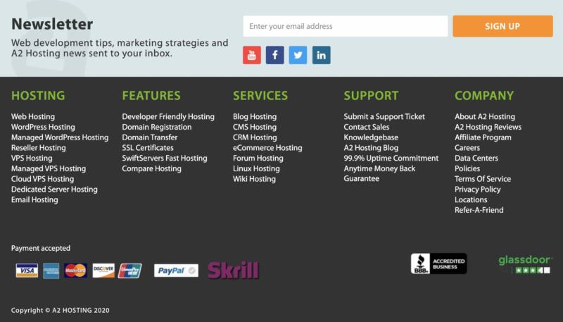 The A2 Hosting footer menu.