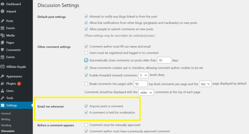 Email notification options for comments in WordPress.