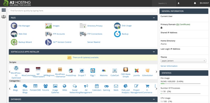 A2 Hosting's cPanel dashboard.