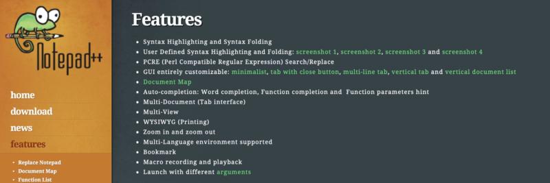 The Notepad++ features page.