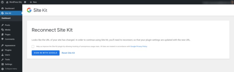 The option to sign into Google from the Site Kit plugin.