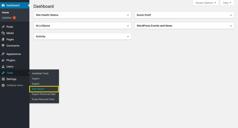 Accessing the WordPress site health tool.