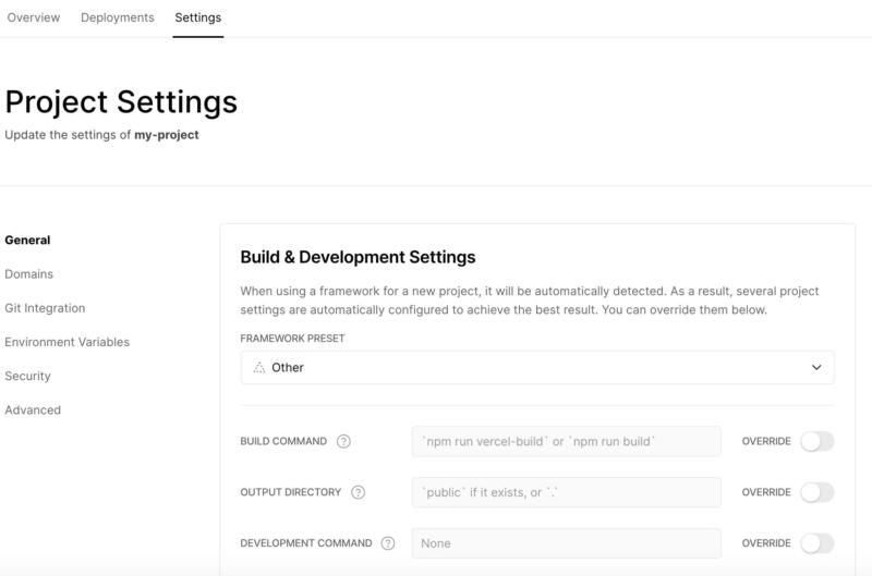 The Vercel "Project Settings" screen.