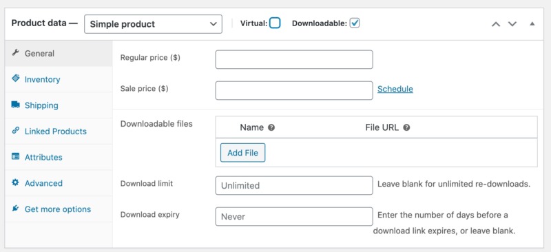 The e-commerce product settings menu.