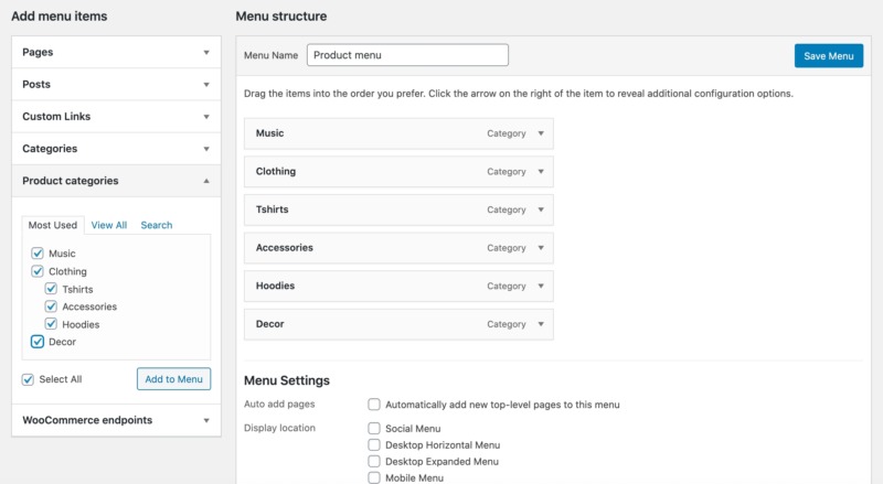 A WordPress product category menu.