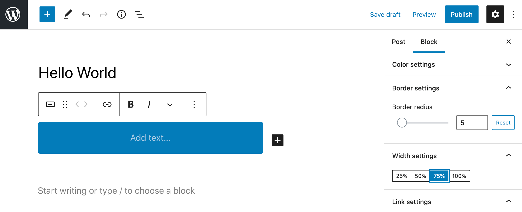 WordPress 5.7 Esperanza's button dimension settings.