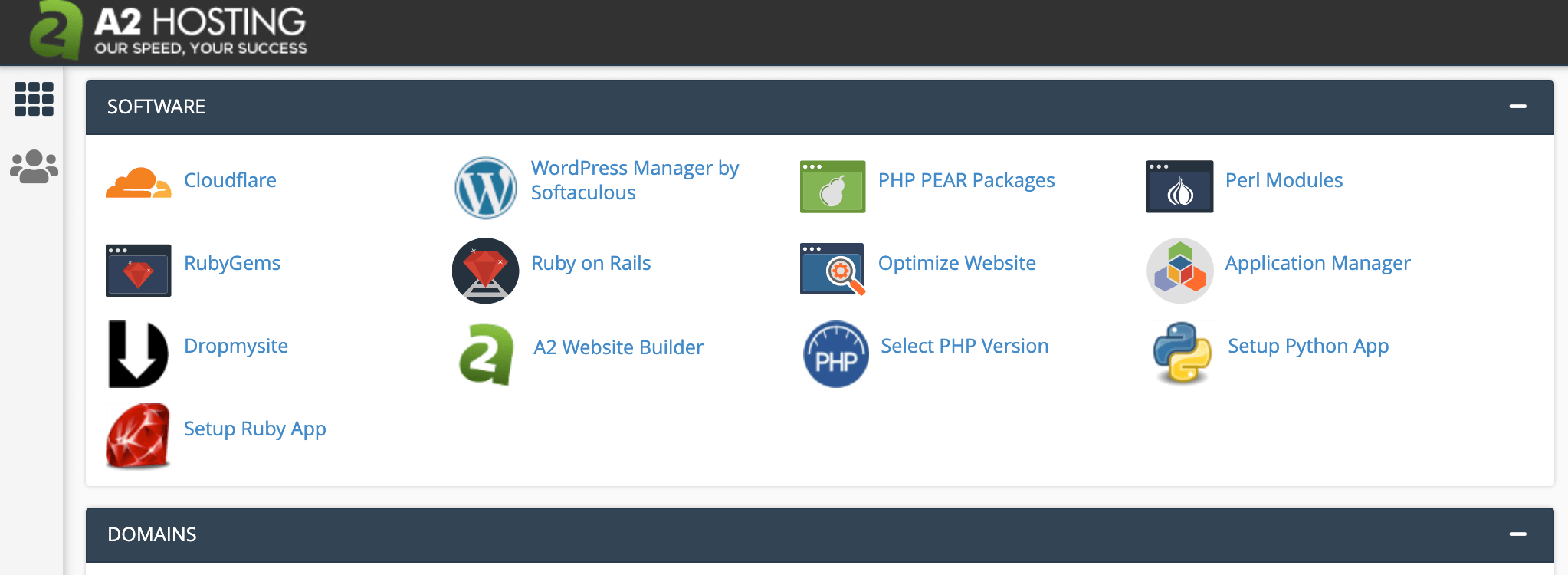 A2 Hosting's cPanel dashboard.