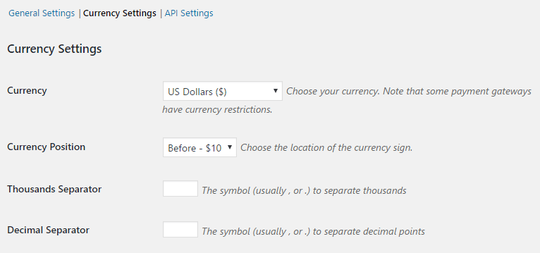 The Currency Settings page.