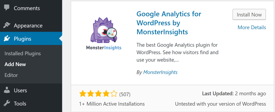 Installing the MonsterInsights plugin.