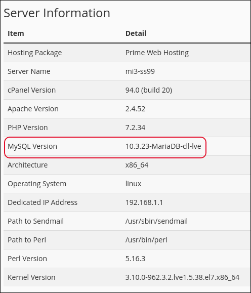 cPanel - Server Information - MySQL version