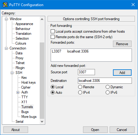 Putty tunnel configuration with alternate port.