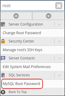 WebHost Manager - MySQL Root Password menu