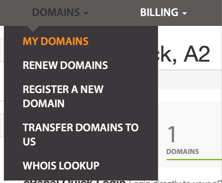 The My Domains menu. 